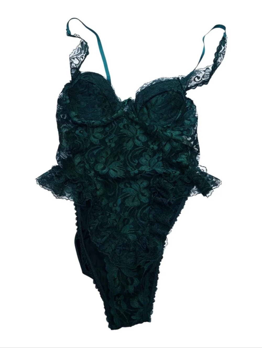 Vintage Emerald Green Lace Teddy Lingerie Size Small/XS Whimsigoth Vampy Ruffles